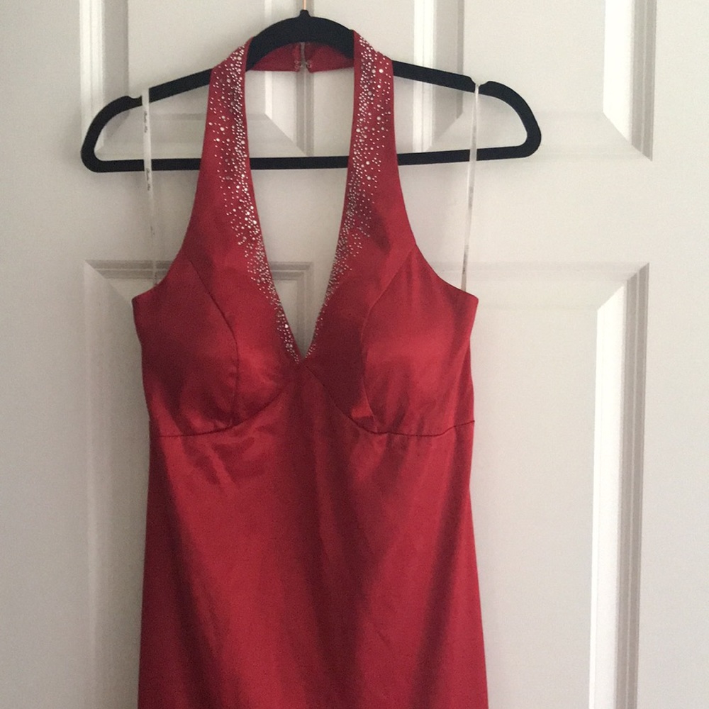 NWOT red satin jeweled halter formal dress
